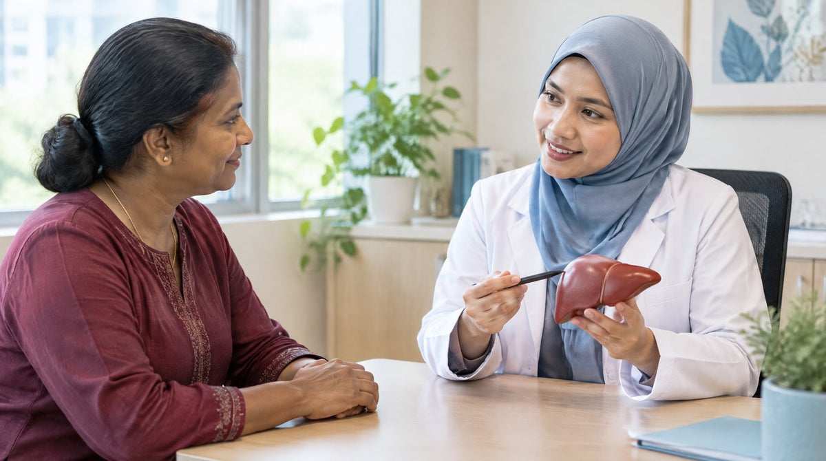 A doctor explaining a liver model to a woman in a clinic