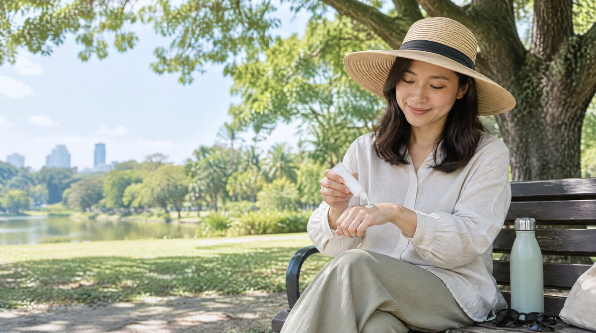 A woman in a wide-brimmed hat applying sunscreen to the back of her hand under a shady tree