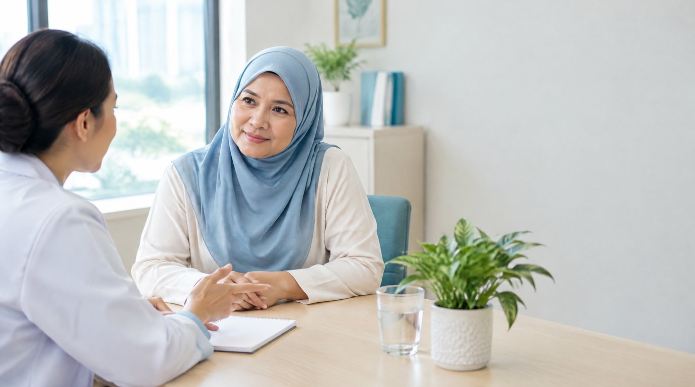 A woman in a hijab talking calmly with a female doctor at a clinic desk