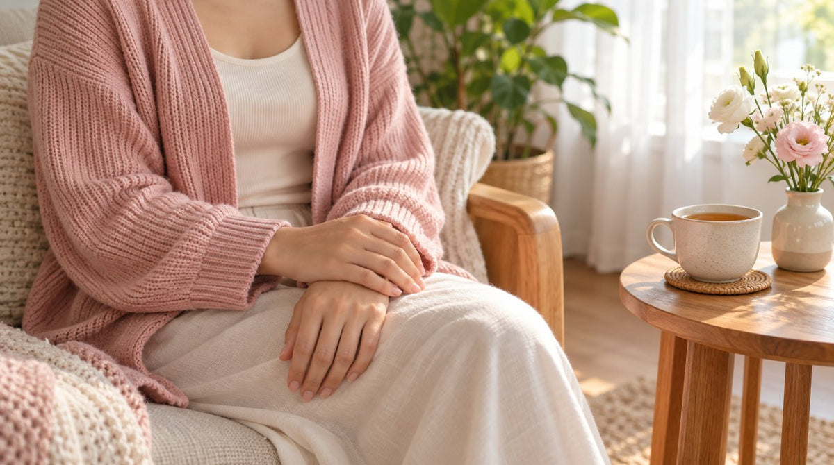 Woman in a blush-pink cardigan seated calmly by a sunlit window with hands resting on her lap, beside a cup of tea and fresh flowers