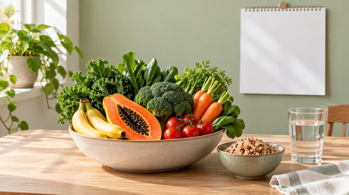 A large bowl of fresh vegetables and fruit including broccoli, carrots, tomatoes, papaya and bananas, a small bowl of whole grains and a glass of water on a wooden table
