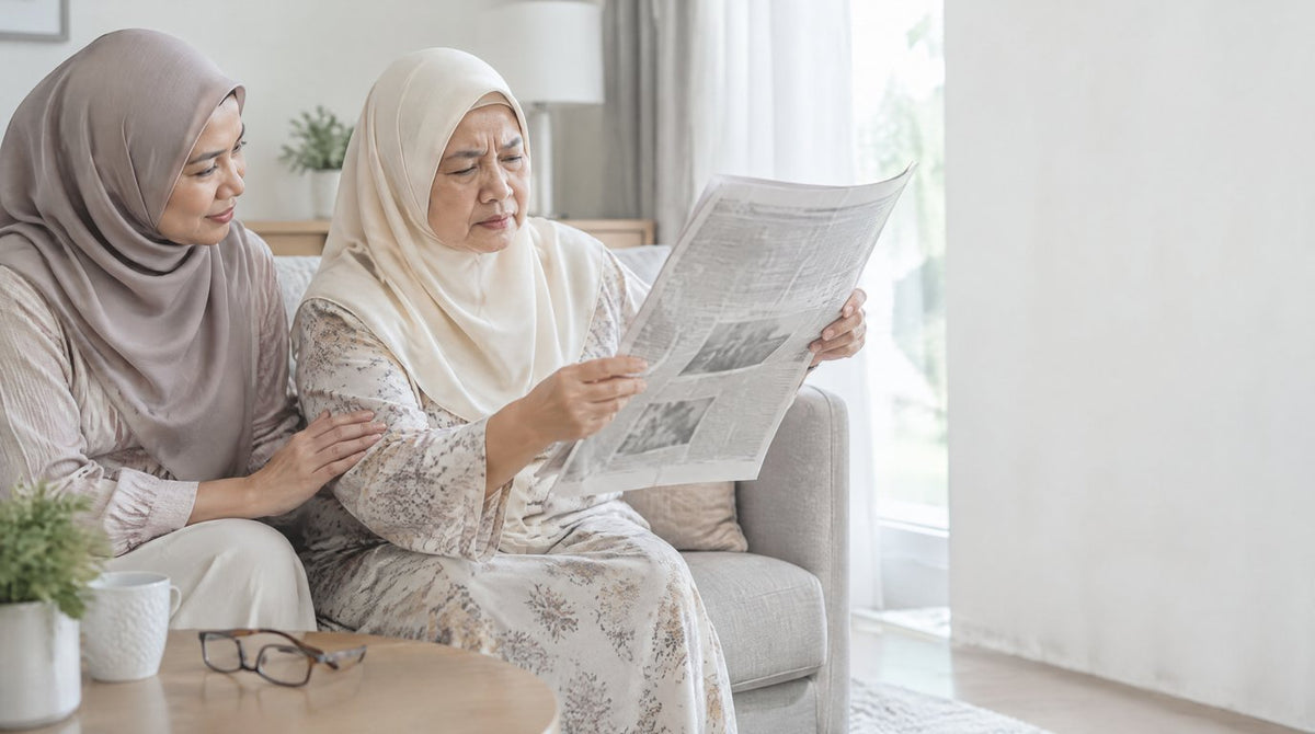An older woman squinting to read a newspaper while her daughter sits beside her