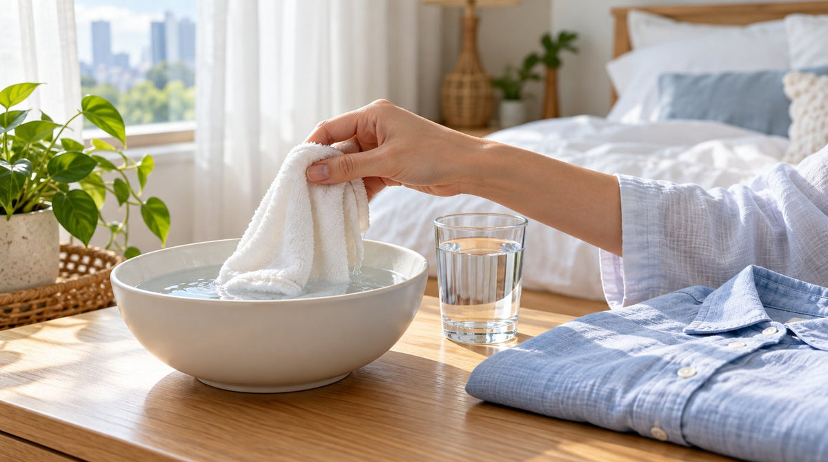 Hand lifting a soft white cloth from a bowl of cool water on a bedside table beside a glass of water and a folded loose cotton shirt