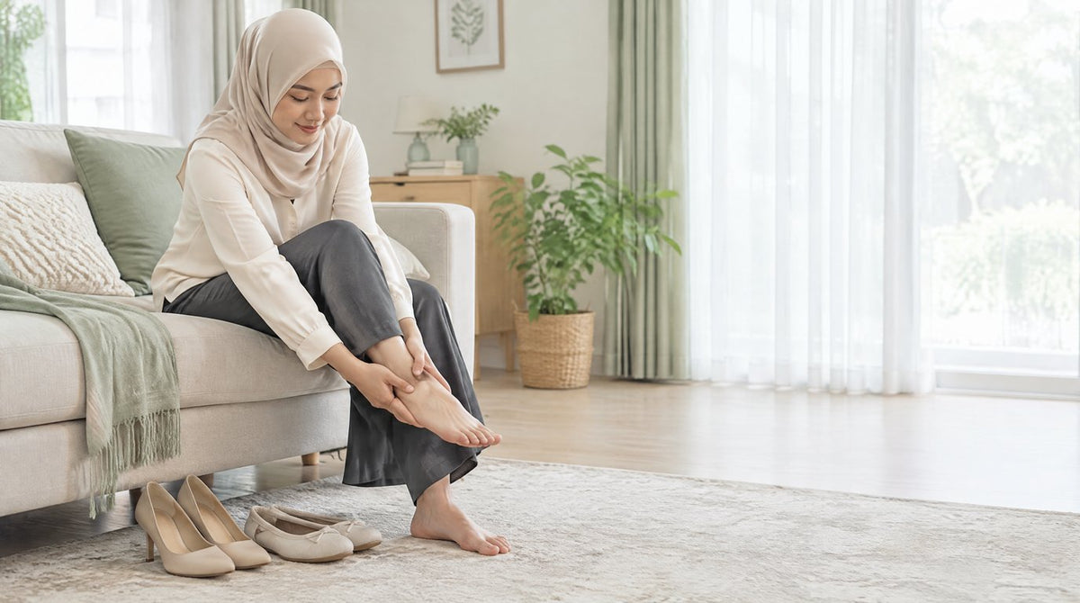 A woman in a hijab sitting on a sofa massaging her foot with high heels set aside beside flat shoes