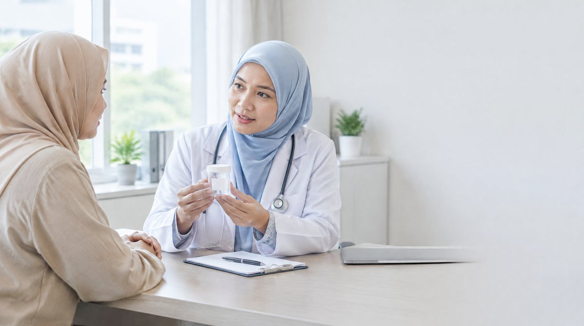A doctor holding a urine sample container while talking with a patient