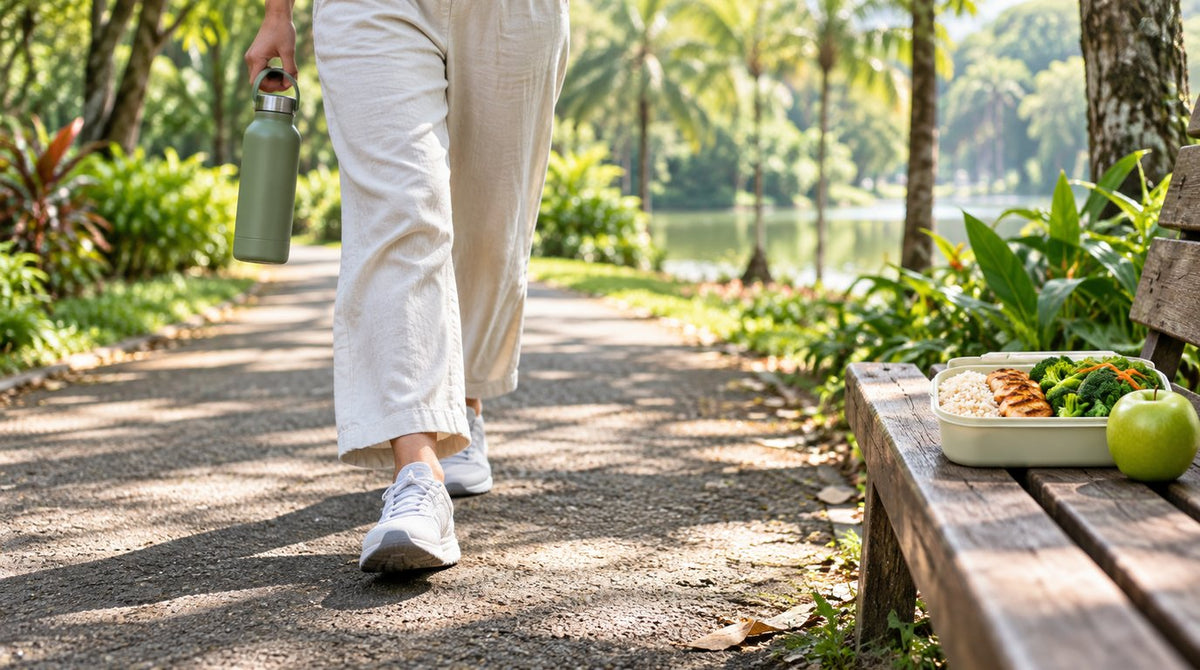 Person walking briskly on a shaded park path with a water bottle, beside a bench holding a balanced lunch box with rice, grilled chicken, vegetables and an apple