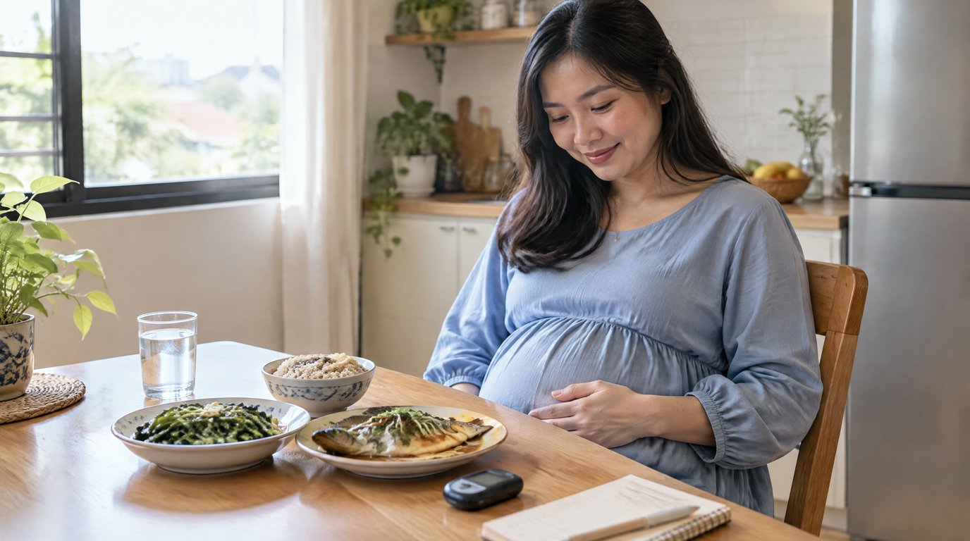 A pregnant woman at a dining table with a balanced meal of brown rice, fish and vegetables