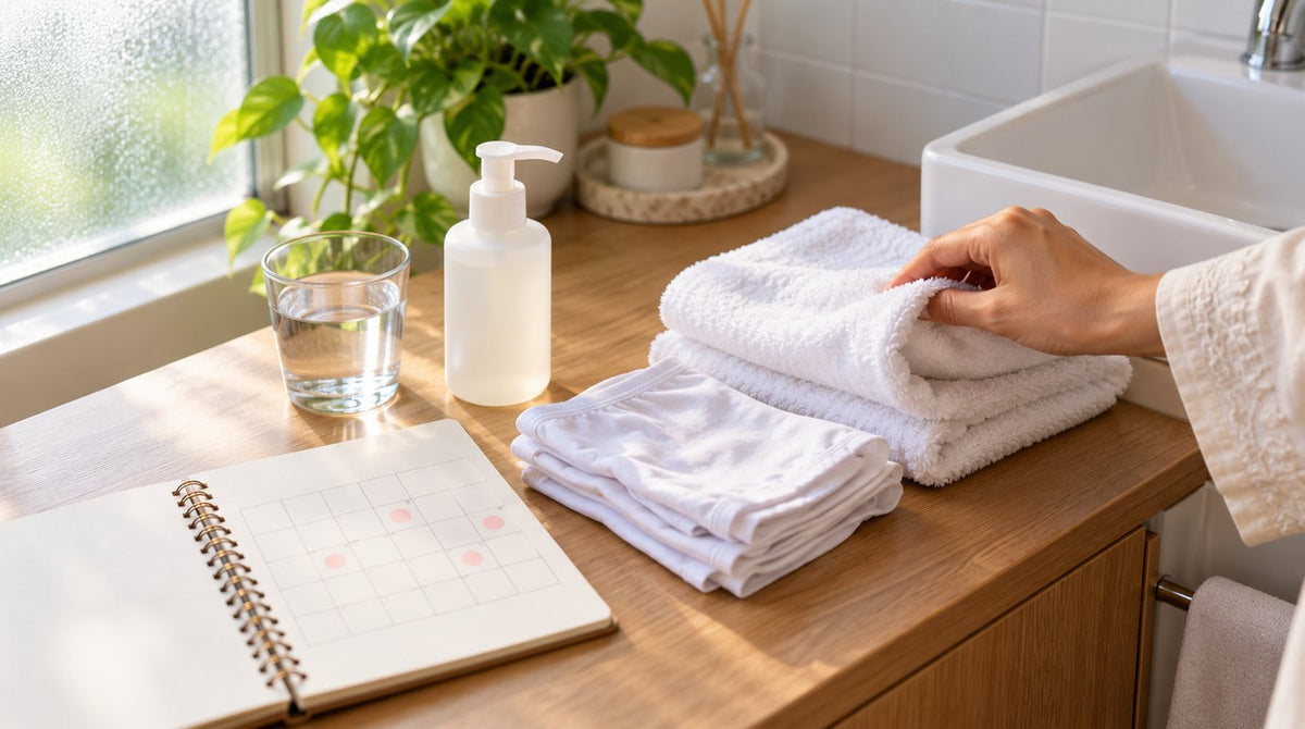 A bathroom vanity with a folded towel, cotton underwear, a gentle cleanser and a period-tracking calendar