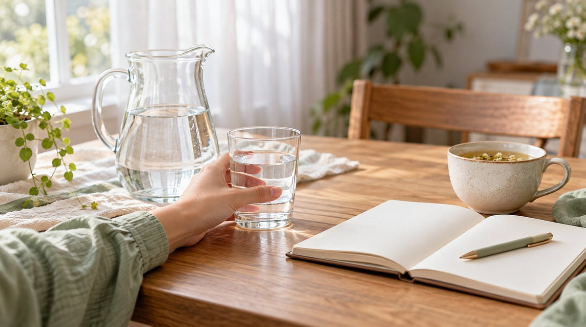 Glass jug and glass of water held by a hand on a wooden table beside a blank open notebook, a pen and a cup of herbal tea in morning light