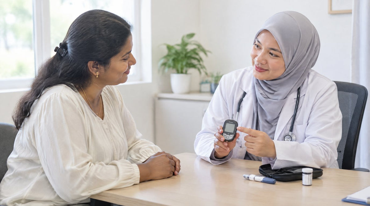 A woman talking with a doctor who is holding a blood glucose meter