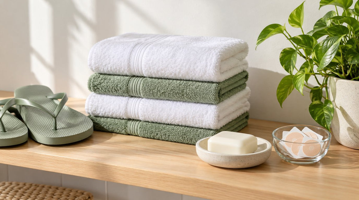 Folded white and sage green towels, green flip-flops, a bar of soap on a dish, round plasters in a glass dish and a plant on a sunlit wooden bathroom shelf