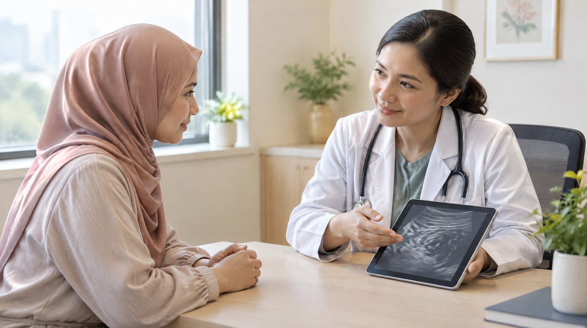 A doctor explaining an ultrasound result on a tablet to a woman in a hijab