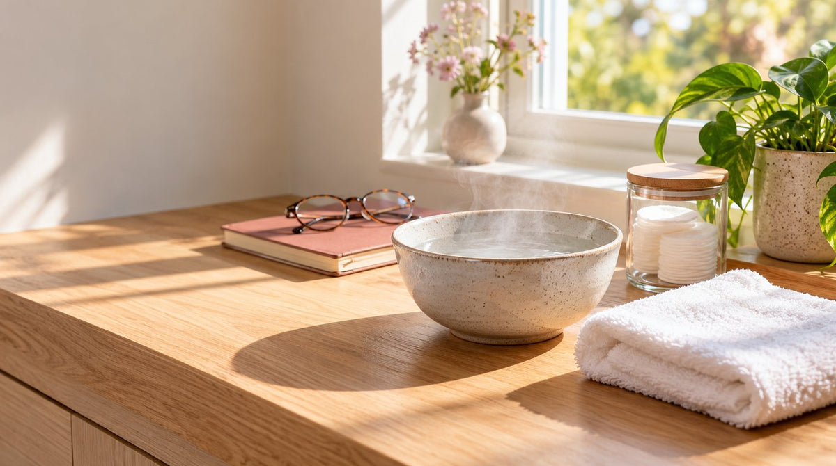 A steaming ceramic bowl of warm water, a folded white face cloth, a jar of cotton pads and reading glasses on a notebook on a sunlit wooden vanity by a window