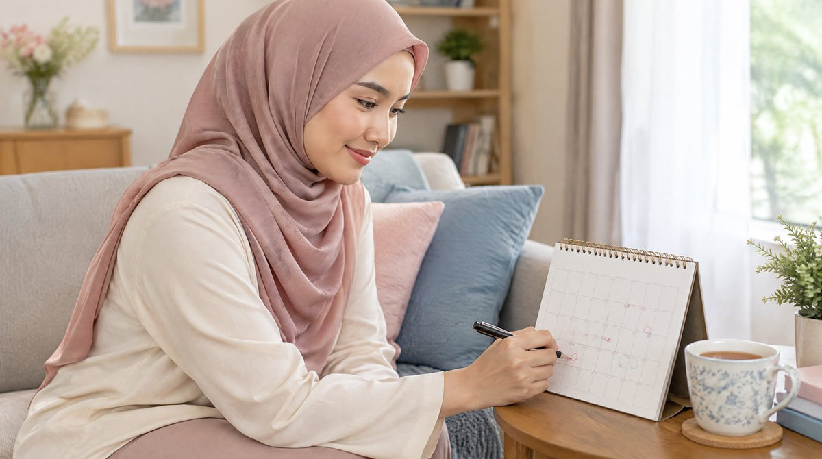 A woman marking a date on a calendar at home