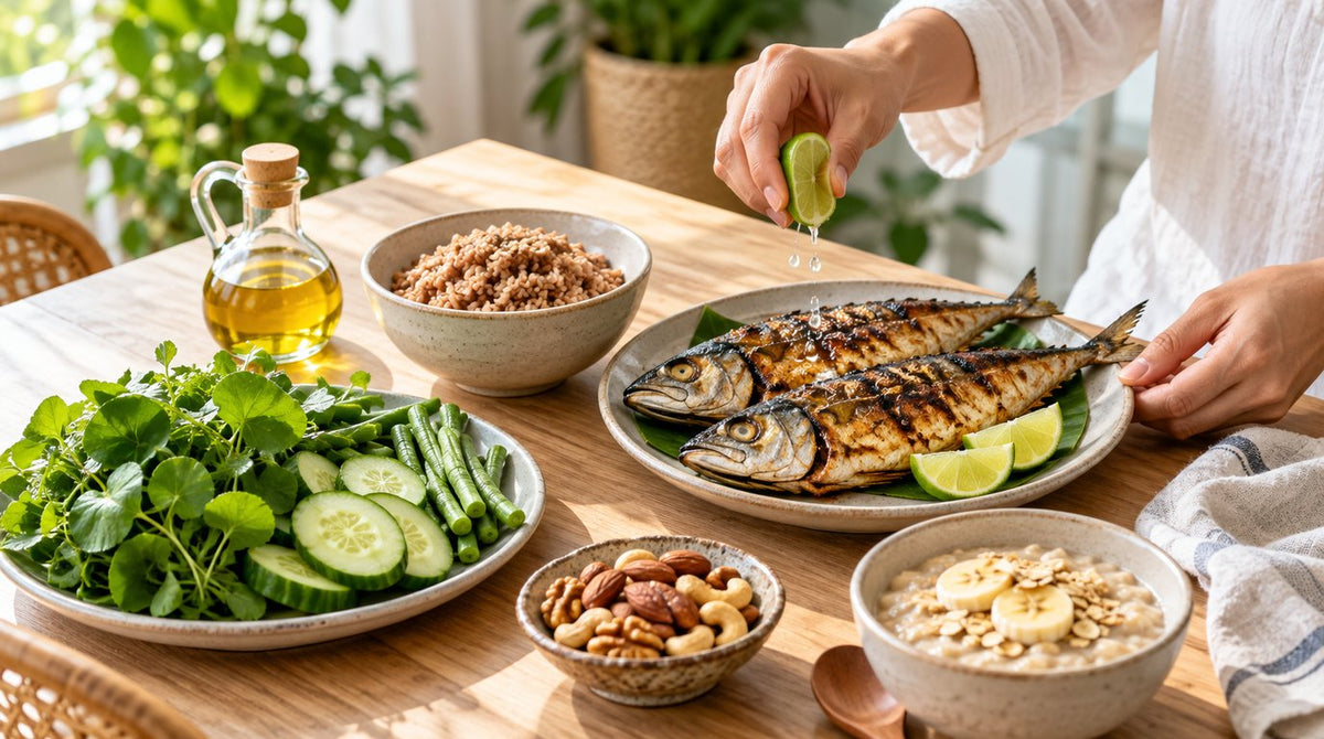 Heart-healthy Malaysian meal with grilled mackerel and lime, brown rice, fresh ulam greens, oats with banana and mixed nuts