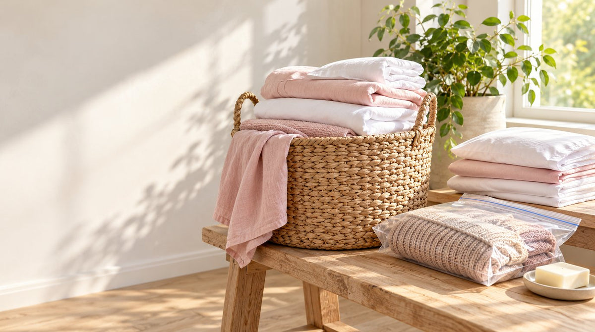 A woven laundry basket of freshly washed white and pink sheets on a wooden bench, folded pillowcases, a sweater sealed in a clear bag and a bar of soap in morning sunlight