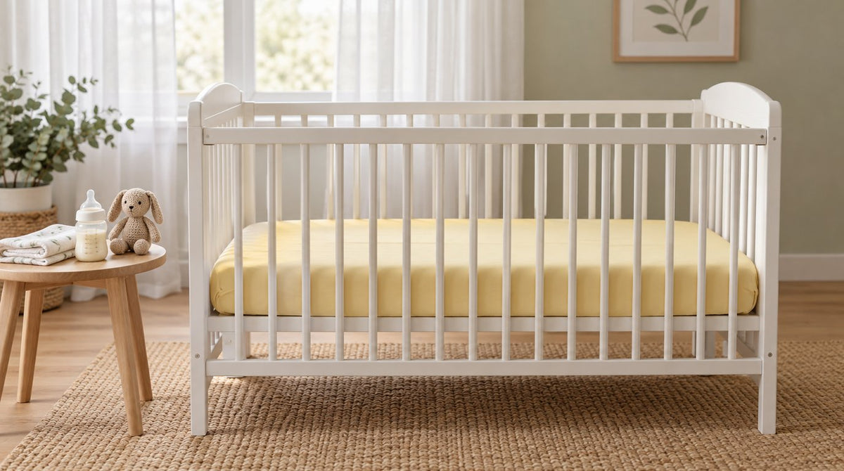 An empty white baby cot with a plain pale yellow fitted sheet beside a side table with a milk bottle, a folded muslin cloth and a knitted toy in a softly lit nursery