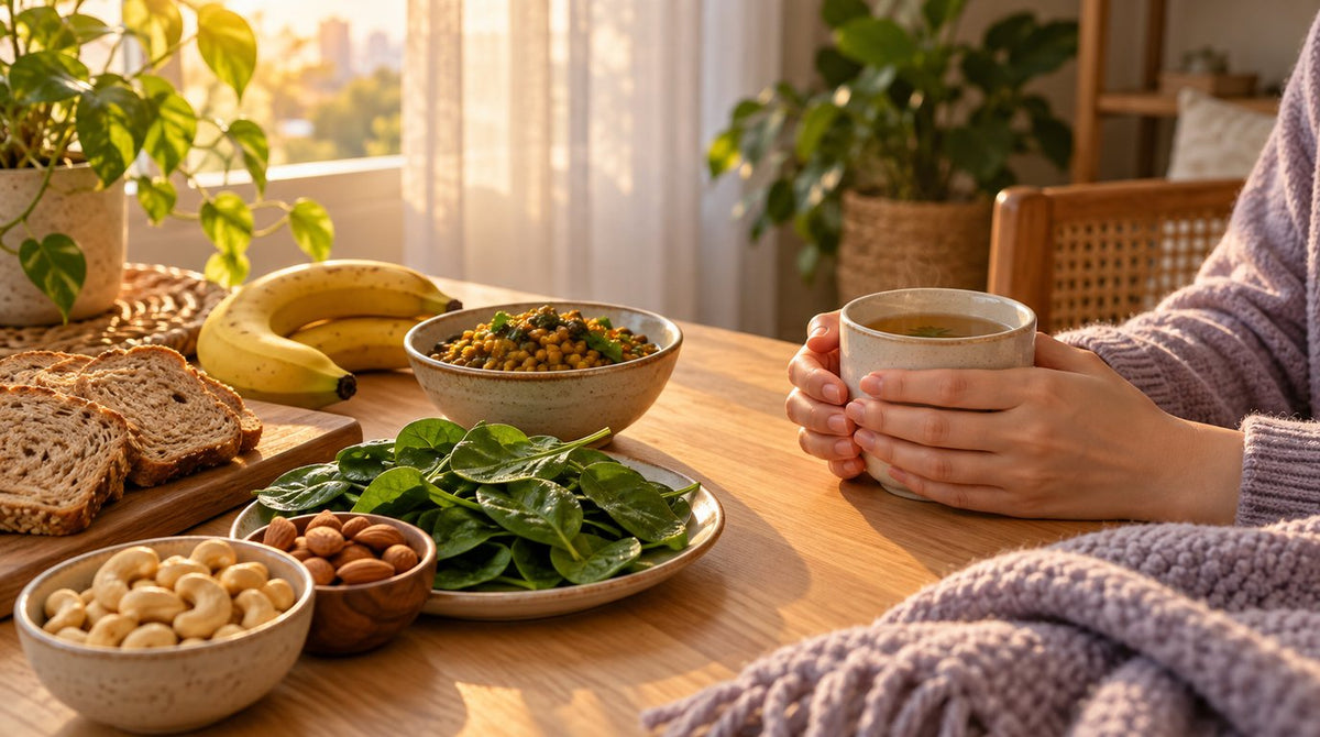 Hands holding a cup of herbal tea beside magnesium-rich foods: cashews, almonds, spinach, lentils, wholemeal bread and bananas