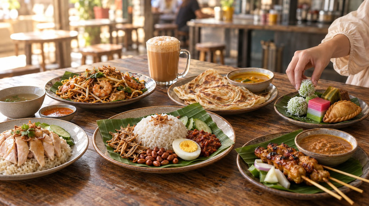 A spread of Malaysian hawker food on a kopitiam table: nasi lemak, roti canai with dhal, mee goreng, chicken rice, chicken satay, kuih and teh tarik