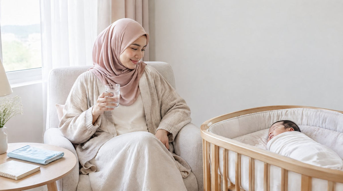 A new mother resting in an armchair with a glass of water beside her sleeping baby in a bassinet