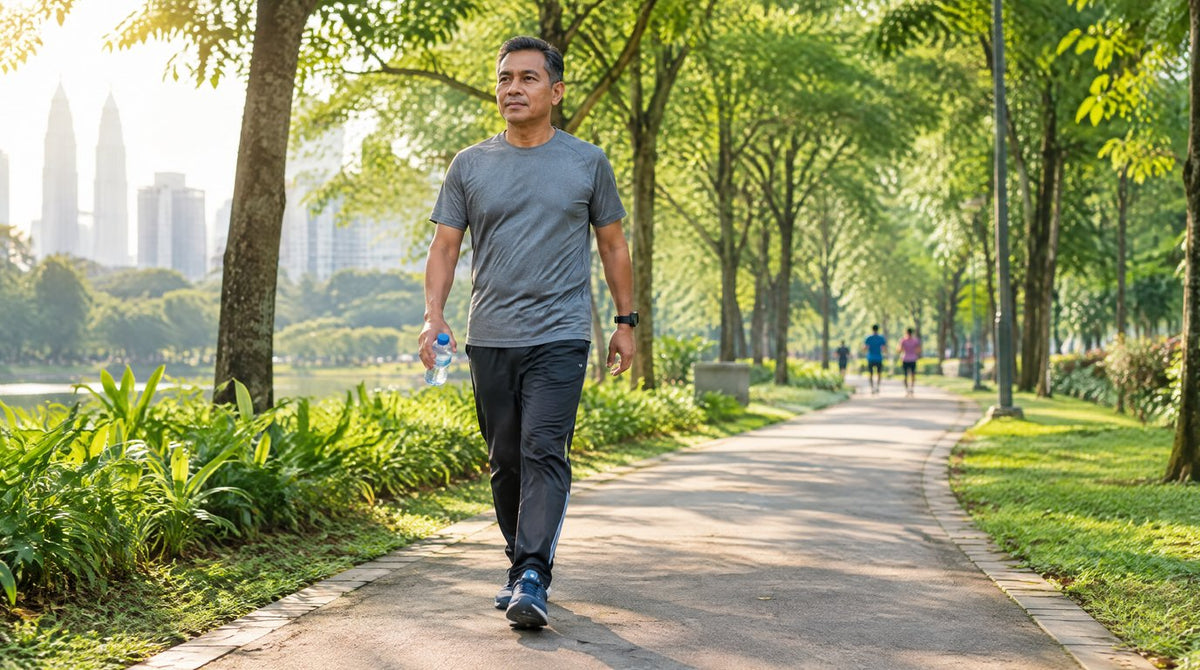 A man walking briskly along a tree-lined park path in the morning with a water bottle