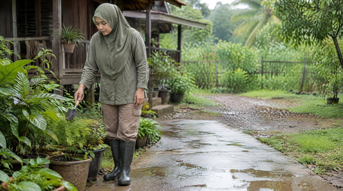 A woman in a hijab and rubber boots standing in a wet garden after rain