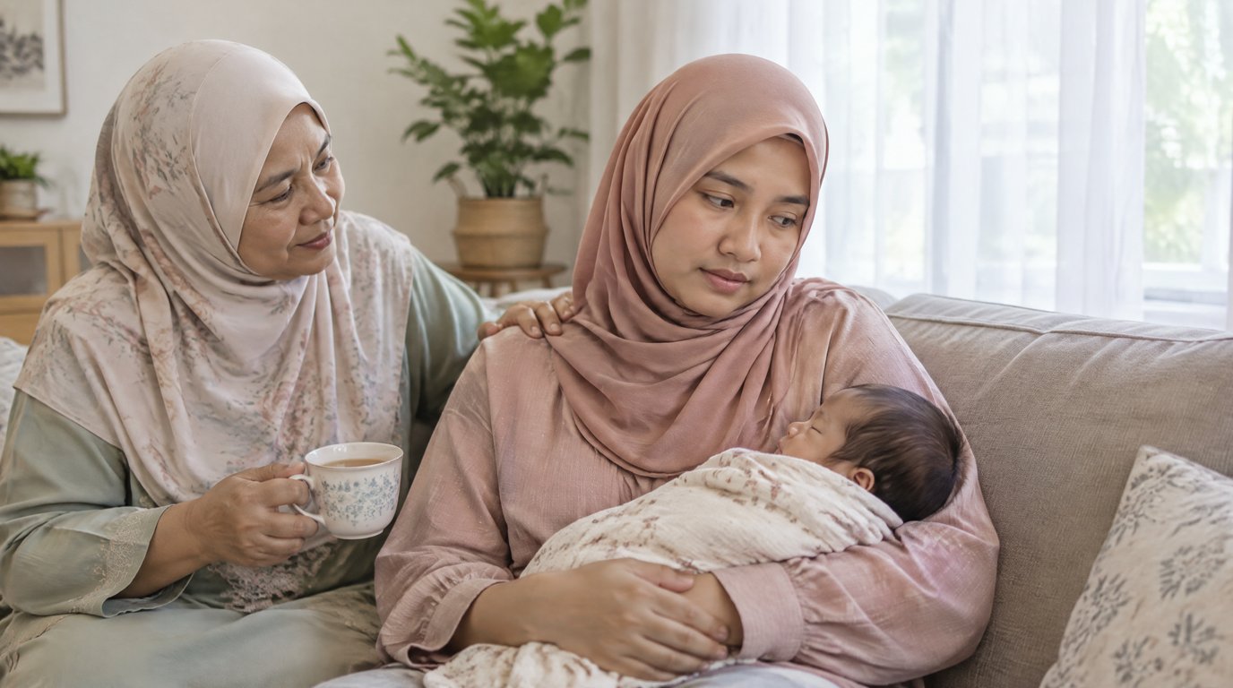 A new mother in a hijab holding her sleeping baby while her own mother offers her a cup of tea