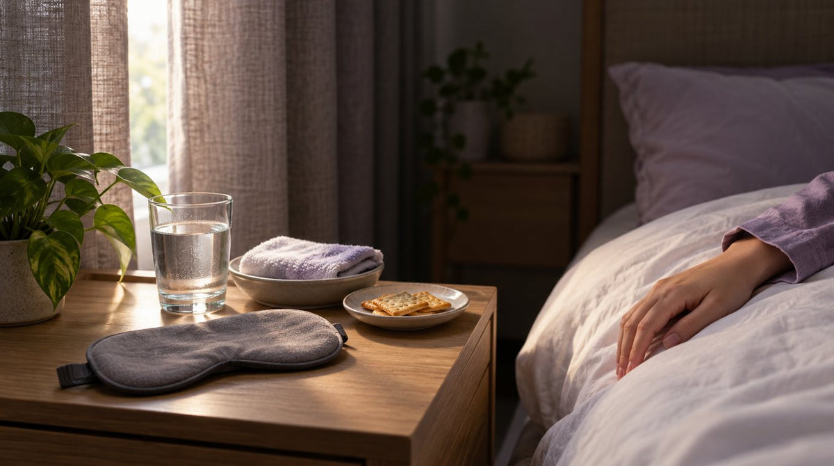 Dim, quiet bedroom with a glass of water, cool face towel, crackers and an eye mask on a bedside table and a hand resting on a pillow