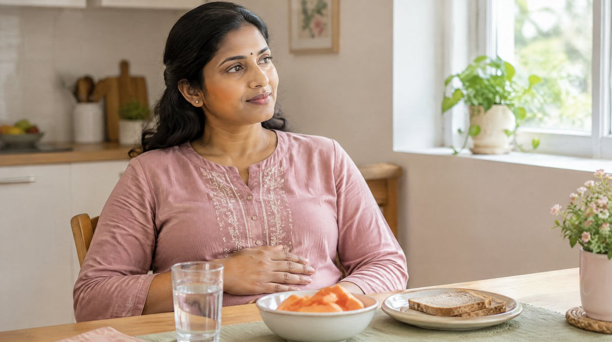 A woman at a kitchen table with water, fruit and wholemeal bread