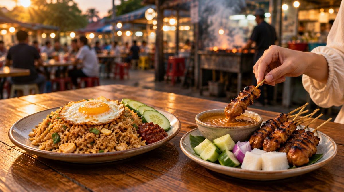 A plate of nasi goreng with a fried egg beside chicken satay, peanut sauce, ketupat, cucumber and onion at a Malaysian hawker centre