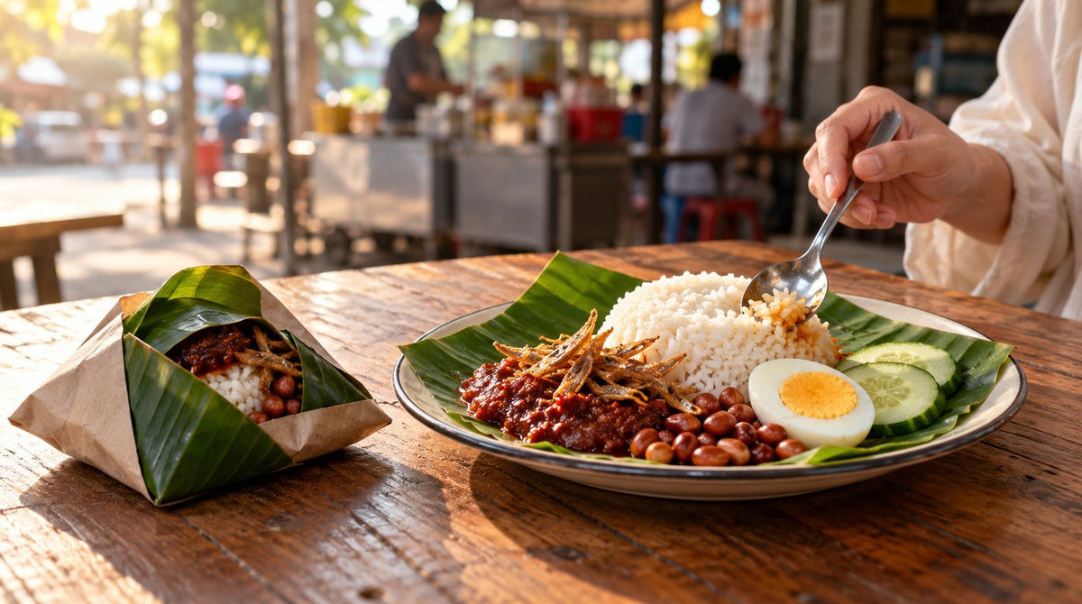 A plate of nasi lemak with sambal ikan bilis, boiled egg, peanuts and cucumber, beside a wrapped nasi lemak bungkus