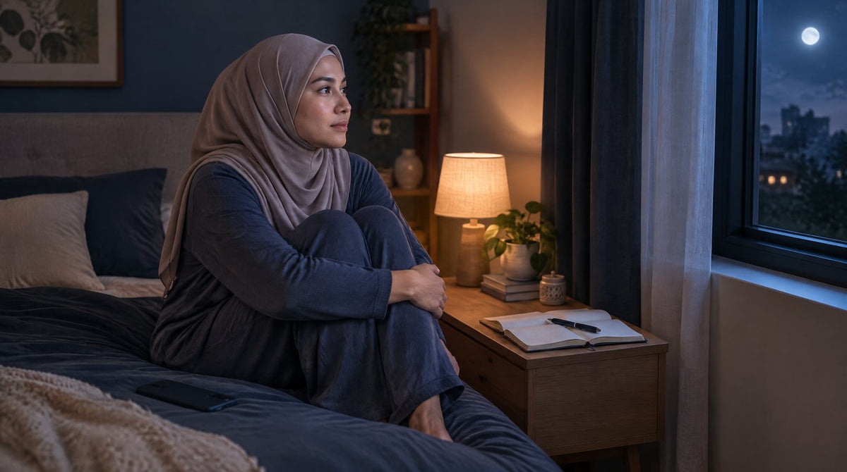 A woman sitting on her bed at night, deep in thought