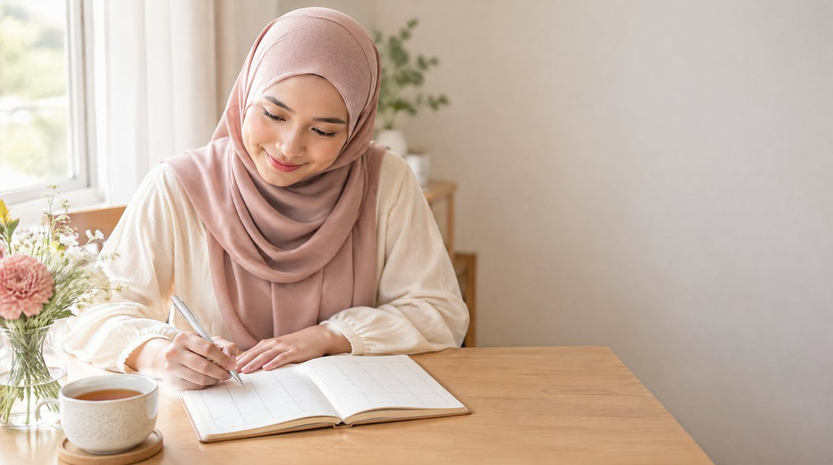 A woman in a hijab smiling as she writes in a paper planner at a table by the window