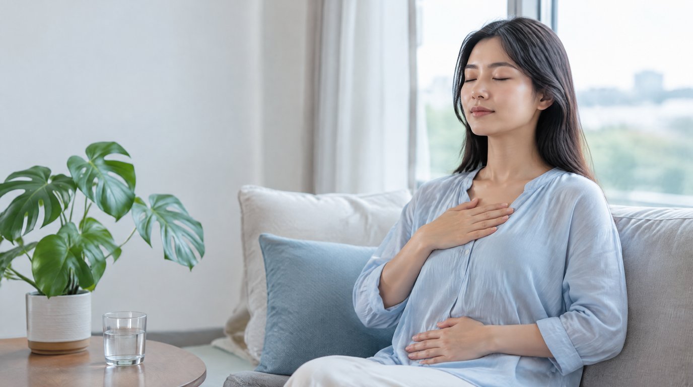 A woman sitting on a sofa by the window with her eyes closed, practising slow breathing with one hand on her chest