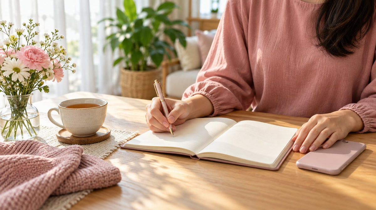 Woman in a dusty-rose top writing in a blank planner at a table with a cup of tea and fresh pink and white flowers