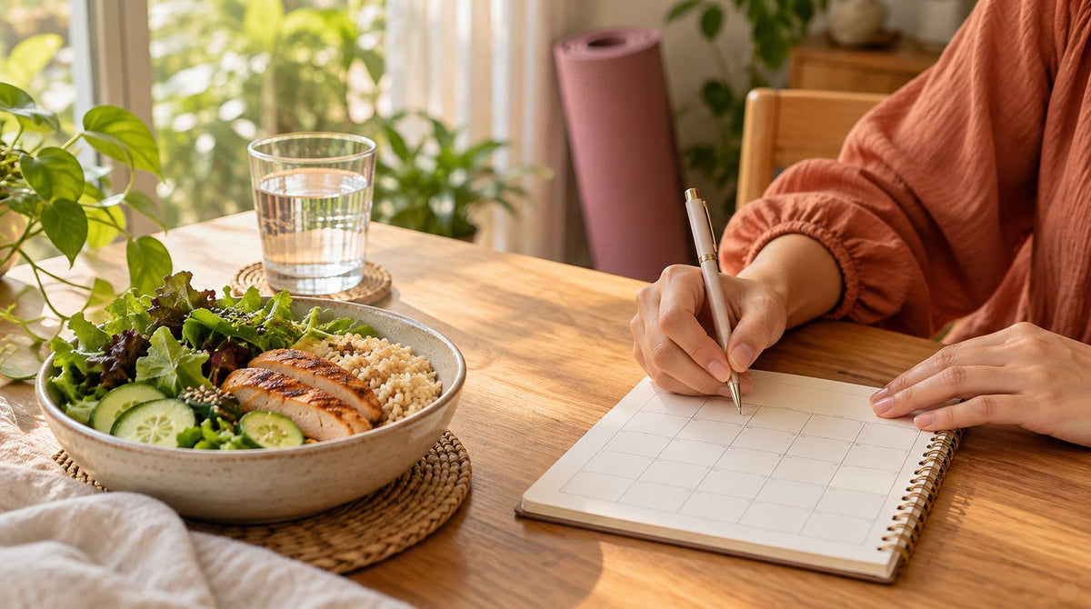 A woman writing in a calendar notebook beside a balanced lunch bowl of brown rice, grilled chicken and greens, with a yoga mat in the background