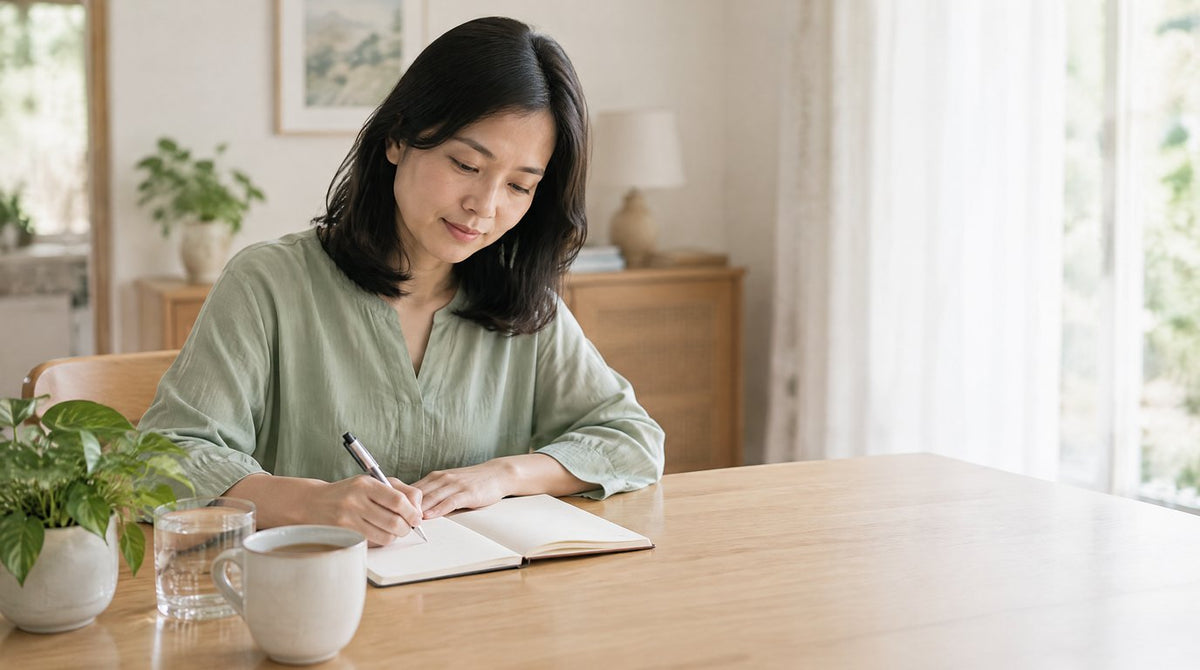 A woman writing in a notebook at a dining table at home