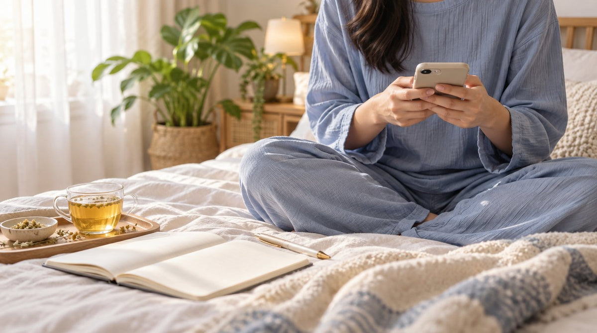 Woman in a dusty-blue top sitting on a bed holding a phone, with an open notebook and a cup of herbal tea beside her