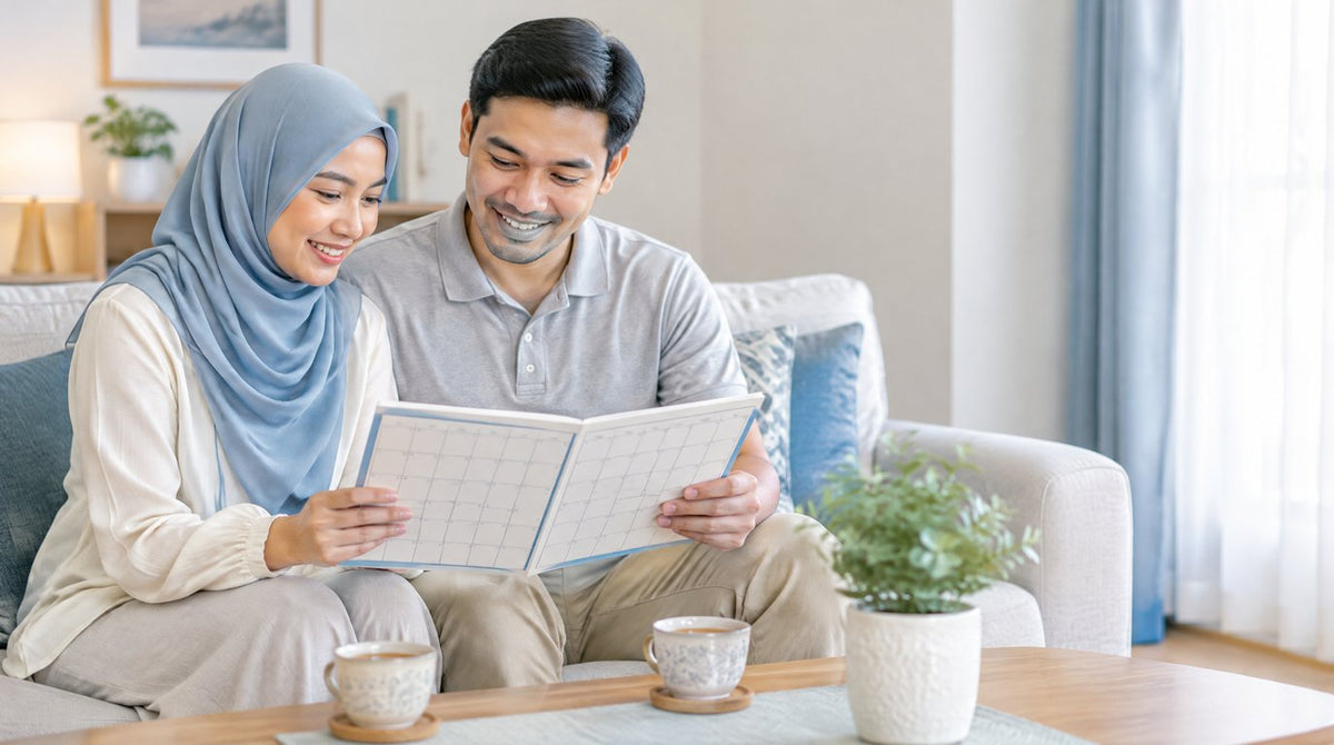 A married couple smiling as they look at a calendar together on a sofa at home