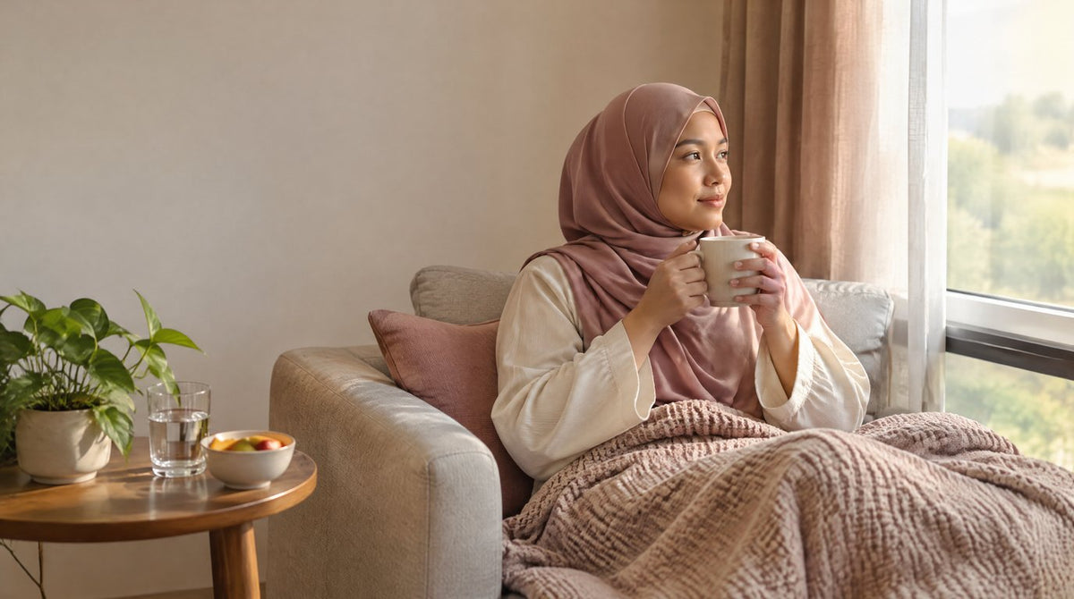 A woman resting on a sofa at home with a cup of tea