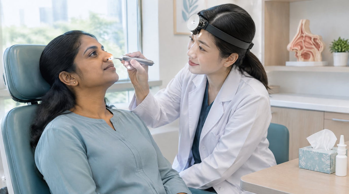 A female doctor in an ear, nose and throat clinic gently checking inside a seated woman’s nose with a small lighted instrument