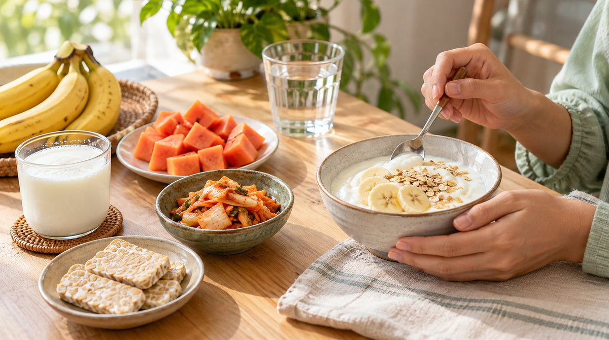 Breakfast table with a bowl of yoghurt topped with banana and oats, a glass of kefir, tempeh, fermented vegetables and papaya