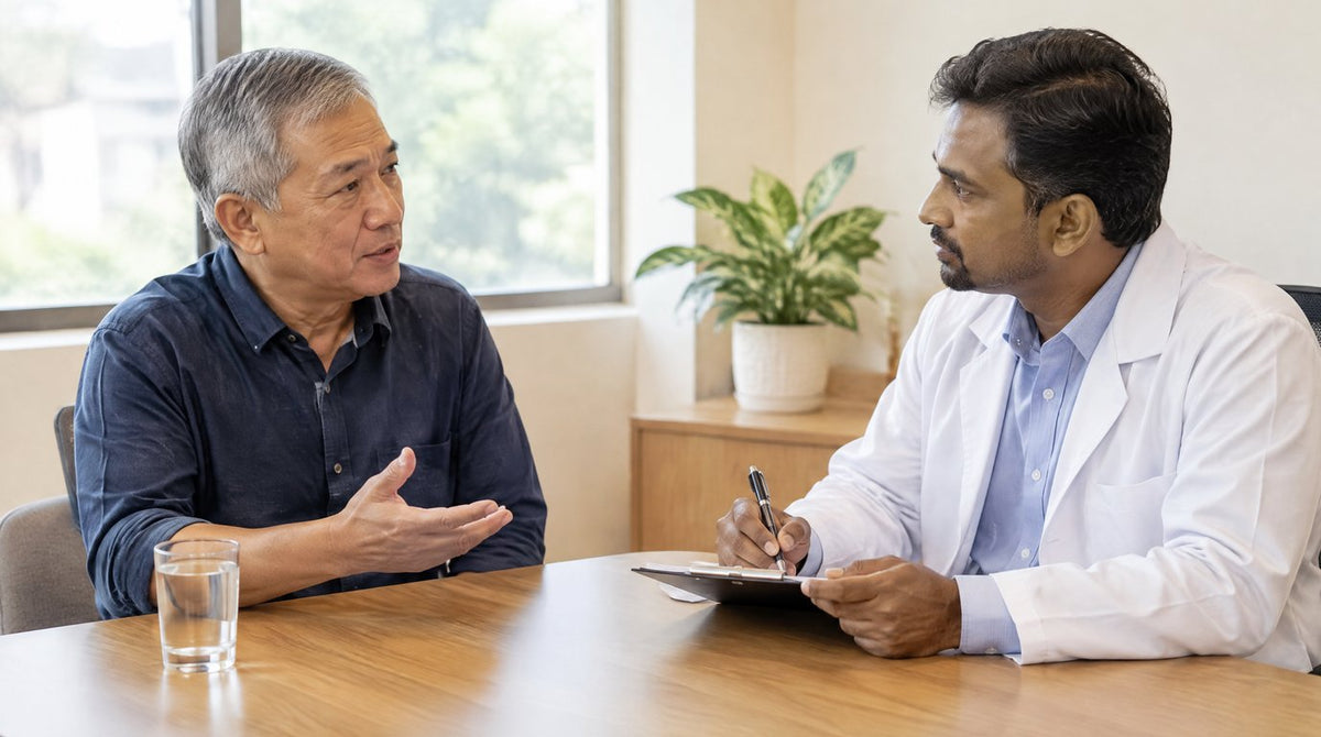 An older man talking with a doctor who is taking notes at a clinic desk