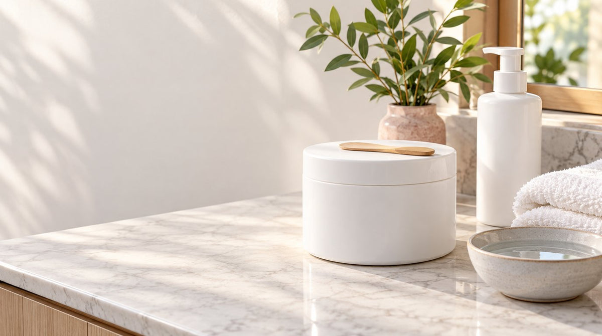 A white tub of moisturising ointment with a wooden spatula, a white pump bottle, a folded towel and a bowl of water on a sunlit marble bathroom counter