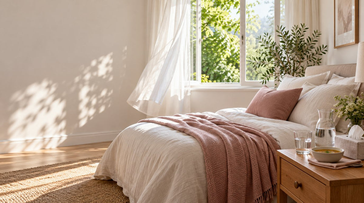 A bright bedroom with a wide open window and white curtains, a bed with propped-up pillows and a pink throw, and a jug of water, tissues and a bowl of soup on the bedside table