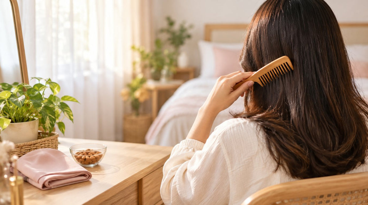 A woman gently combing her long dark hair with a wide-tooth wooden comb at a dressing table