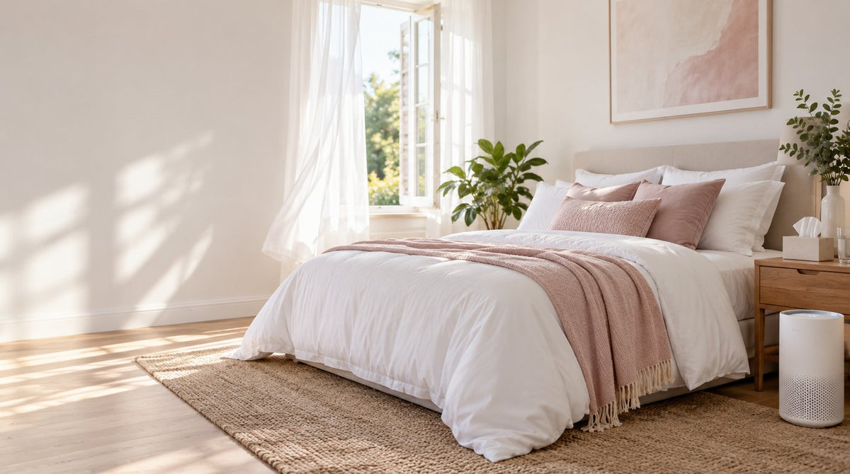 A bright bedroom with crisp white and pink bedding, an open window with sheer curtains, a box of tissues on the nightstand and a small air purifier beside the bed