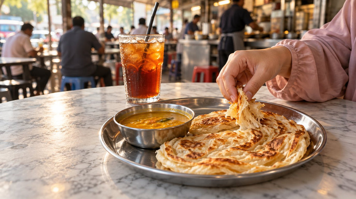 A piece of roti canai being torn by hand, served with dhal gravy and iced tea at a Malaysian mamak
