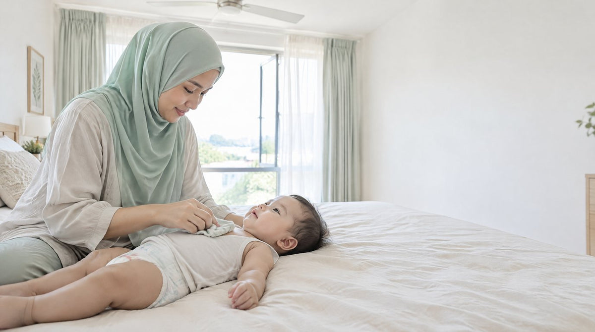 A mother gently cooling her baby with a damp cloth in a bright bedroom