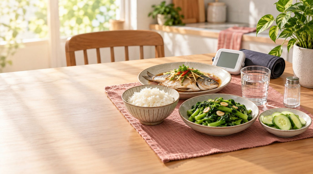 A balanced home-cooked meal of rice, steamed fish, stir-fried greens and cucumber with a glass of water, a salt shaker set aside and a home blood pressure monitor on a sunlit table